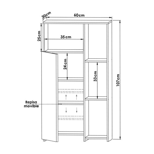 Mueble Alacena Despensero Organizador Hogare, Practico Mueble Multiusos de melamina de 16 mm de alta resistencia, con una puerta y siete estantes Color Blanco
