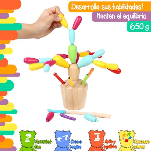 Juego de madera armado de cactus y captura magnética de insectos.