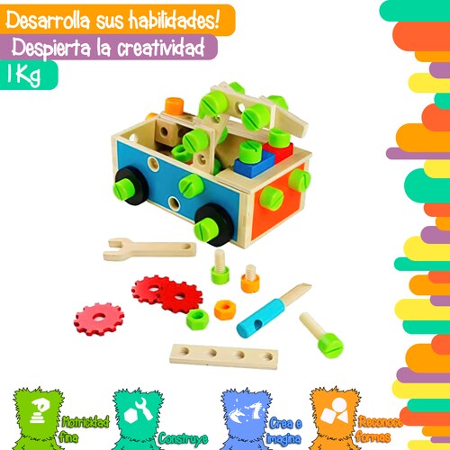Cajón de juego con herramientas de madera
