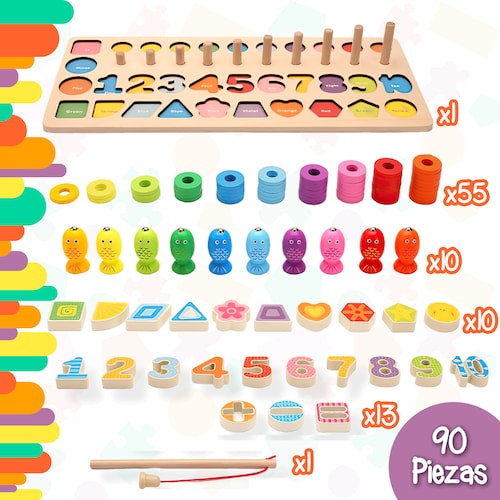 Tablero matemático 5 juegos en 1 con Juego de Pesca magnética, aros, números y formas Yuff!