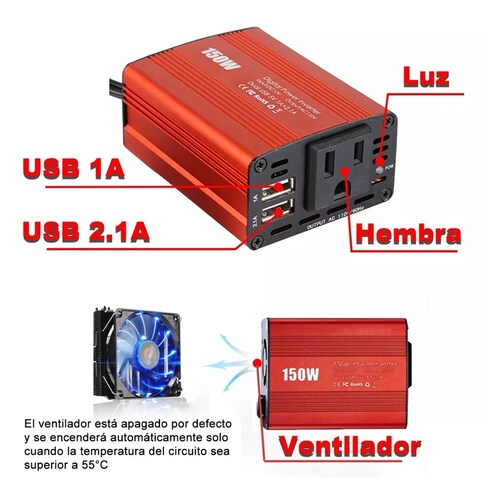 Inversor De Corriente Automotriz De 12v A 110v 150w