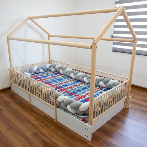 Duduk Cama Casa Con Barandales De Madera Individual Blanca.