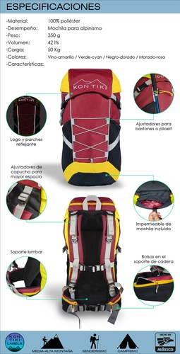 Mochila 42l Vino Montañismo, Campismo Y Senderismo Kon Tiki TLALOQUE VI-AM