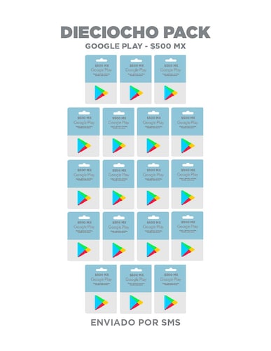 Google Play Dieciocho pack, tarjetas prepago, Pin Digital