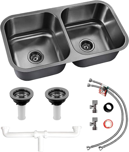 CNX Fregadero de Cocina Tarja de Doble Tina en Acero Inox Calibre 18 (Tarja de Submontar) y Kit de Instalación (82 cm x 47 cm).