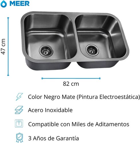 CNX Fregadero de Cocina Tarja de Doble Tina en Acero Inox Calibre 18 (Tarja de Submontar) y Kit de Instalación (82 cm x 47 cm).