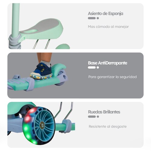 Scooter Patín Del Diablo 3 En 1 Para Niños Luces LED Color Verde