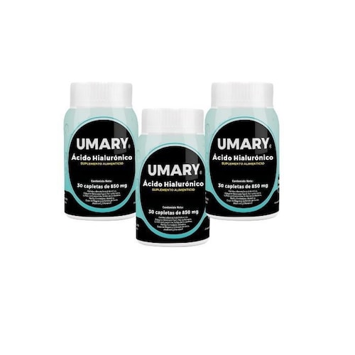3 Frascos Acido Hialuronico Umary con 30 capletas con 850mg c/u.
