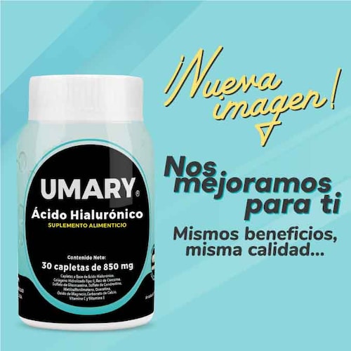 3 Frascos Acido Hialuronico Umary con 30 capletas con 850mg c/u.