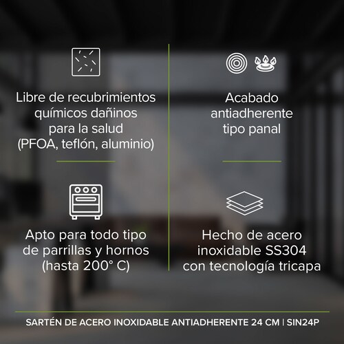 AVERA Sartén Antiadherente 24 CM Libre PFOA Acero Inoxidable SIN24P