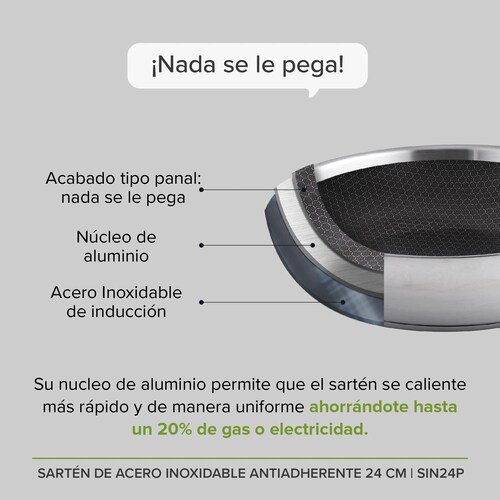 AVERA Sartén Antiadherente 24 CM Libre PFOA Acero Inoxidable SIN24P