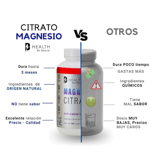 Citrato de Magnesio,100% Natural, B Health Be Natural, sin azúcar, Keto - 180 cápsulas de 500 mg c/u