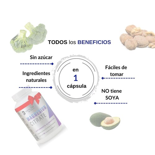 Citrato de Magnesio,100% Natural, B Health Be Natural, sin azúcar, Keto - 180 cápsulas de 500 mg c/u