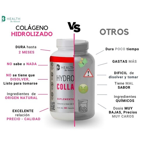 Colágeno hidrolizado con Ácido Hialurónico, Elastina y Vitamina C, Natural, B Health Be Natural, Keto, Sin azúcar -180 cápsulas de 500 mg c/u
