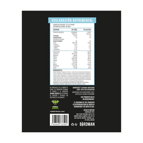 Aminoacidos BCAAs y Glutamina Birdman 405g 30 Serv. - Fresa