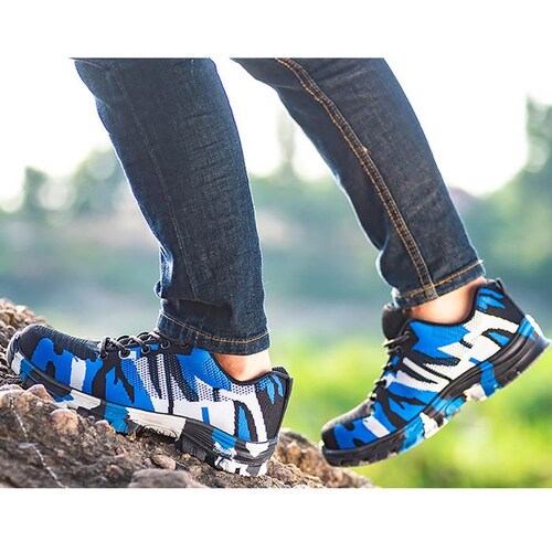 Tenis Resistentes Industriales MXTFF-009-2 Talla 10.5US, 27MX, 44EUR, Azul/Negro, Plantilla Kevlar, Suela EVA, Punta de Acero, Agujetas, Ligero, Transpirable.