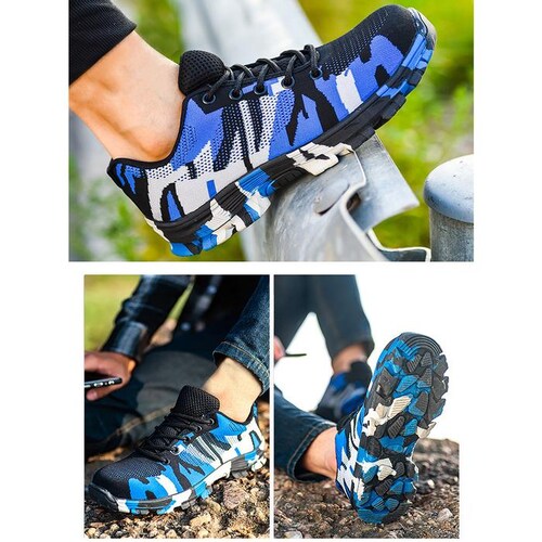 Tenis Resistentes Industriales MXTFF-009-2 Talla 10.5US, 27MX, 44EUR, Azul/Negro, Plantilla Kevlar, Suela EVA, Punta de Acero, Agujetas, Ligero, Transpirable.