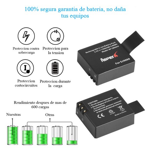 1 pz Batería 1350mAh cámara deportiva video crosscam gopro negro 4K moto auto carreras contra agua