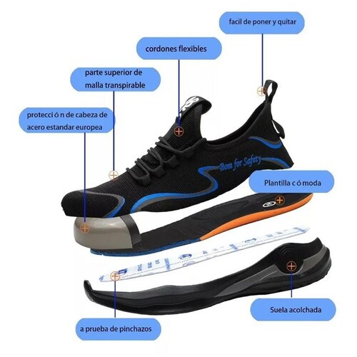 Zapatos de Seguridad Casquillo MXIKU-004-1 Talla 6.5US, 24.5MX, Negro/Azul, Plantilla Kevlar, Suela EVA, Punta de Acero, Agujetas, Ligero, Transpirable.