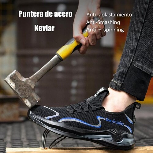Zapatos de Seguridad Casquillo MXIKU-004-1 Talla 6.5US, 24.5MX, Negro/Azul, Plantilla Kevlar, Suela EVA, Punta de Acero, Agujetas, Ligero, Transpirable.