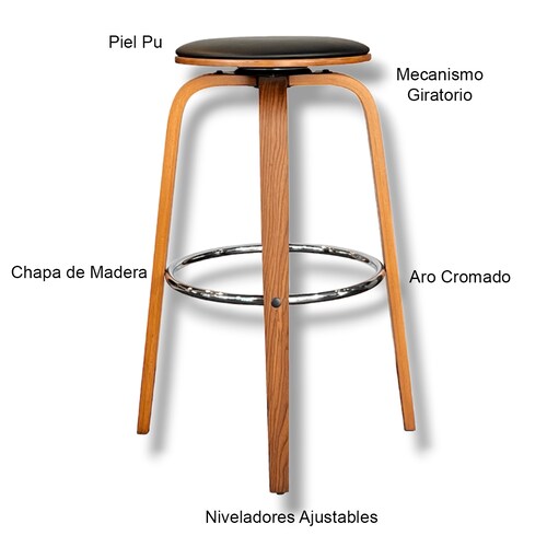 Banco EBI Madera Fijo Giratorio Barra Minimalista Moderno Grupo Microtec Cocina Bar Restaurante desayunador Piel Chapa Nogal