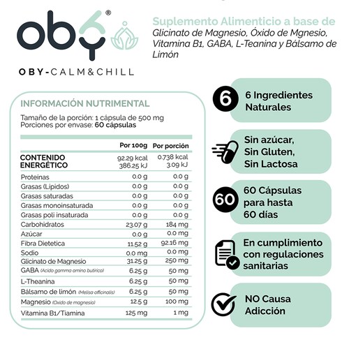 Glicinato De Magnesio + 5 Ingredientes -  Capsulas 500 Mg Oby - Suplementos Alimenticios 