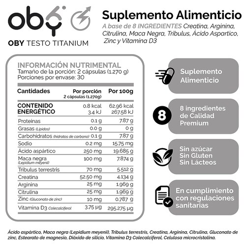 OBY Mens Testo Titanium | Multivitaminico para Hombre con Creatina Monohidratada, Maca Negra, L-Arginina, Tribulus, Citrulina, Vitamina D3, Zinc, Acido Aspartico. Vitaminas para Hombre 60 capsulas