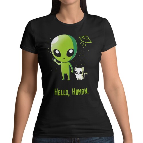 Playera Caballero, Dama Y Niño Alien y Gato Hello Human Cat Gatos