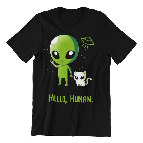 Playera Caballero, Dama Y Niño Alien y Gato Hello Human Cat Gatos