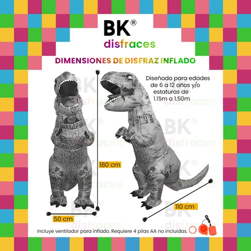  Disfraz inflable de dinosaurio T-rex jurásico premium halloween Toda ocasión Talla unitalla 6 a 12 años - Naranja.