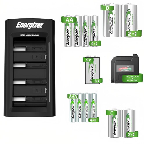 Cargador Universal Energizer pilas AA,AAA,C,D, 9V + Probador