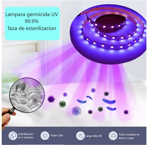 Tira esterilizadora luz ultravioleta desinfectante USB LED UV UVC Mata ácaros elimina olores auto.