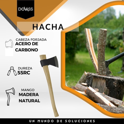 Hacha de acero carbono dureza 55rc con filo debastado y ojo cónico alargado Ideal para tareas de desbaste y corte en madera esta hacha brinda estabilidad y equilibrio, 3.5 Lb/80 cm