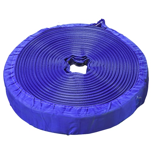 Manguera Plana Están hechas de material de PVC de alta calidad y resistencia Ideal para todo tipo de riego agricola Azul Diametro 1.1/2" Opera a una presión de trabajo de 45PSI (3BAR) 100 M