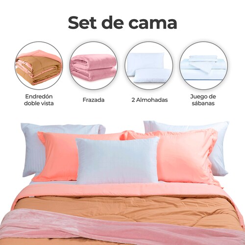 Edredón Matrimonial Spring Air + Almohada + Sabana + Frazada coral/ beige