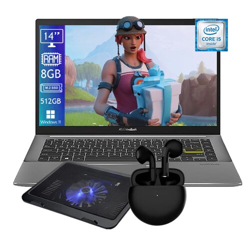 Laptop Asus S14 S433 Intel Core I5 Disco SSD 512GB Ram 8GB 14'' Windows 11 - Gris Oscuro + Base Enfriadora + Audifono