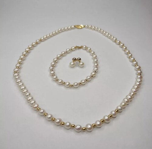 Juego De Collar, Pulsera Y Aretes Perlas Oro 14K + Regalo