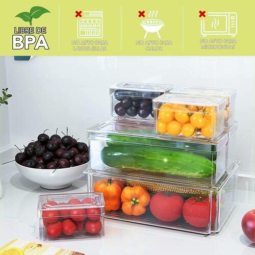 Juego de 10 Organizadores para almacenamiento de alimentos con tapa. Libres de BPA  ideales para refrigerador, alacena, despensas, armarios y encimeras..