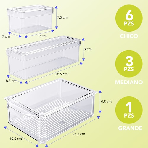Juego de 10 Organizadores para almacenamiento de alimentos con tapa. Libres de BPA  ideales para refrigerador, alacena, despensas, armarios y encimeras..