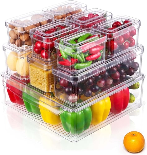 Juego de 10 Organizadores para almacenamiento de alimentos con tapa. Libres de BPA  ideales para refrigerador, alacena, despensas, armarios y encimeras..