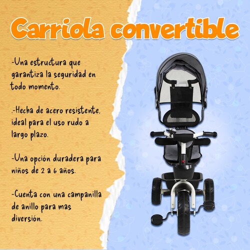 Triciclo Bicicleta Carriola Paseo Bebes 2-6 Años Asiento 360 grados Color Gris