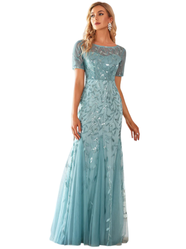 Vestido Elegante de Fiesta Largo Turquesa Dusty para Mujer con Lentejuela Sirena Manga Corta T Ch a Talla Extra