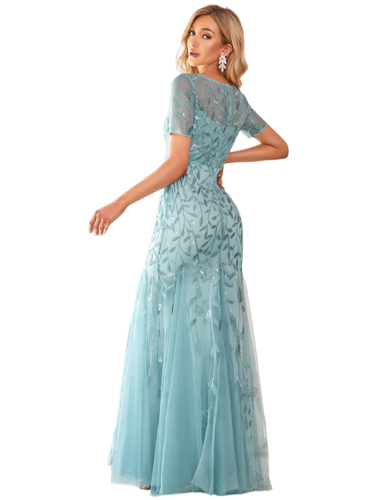 Vestido Elegante de Fiesta Largo Turquesa Dusty para Mujer con Lentejuela Sirena Manga Corta T Ch a Talla Extra