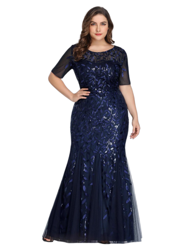 Vestido Elegante de Fiesta Largo Azul Marino para Mujer con Lentejuela Sirena Manga Corta T Ch a Talla Extra