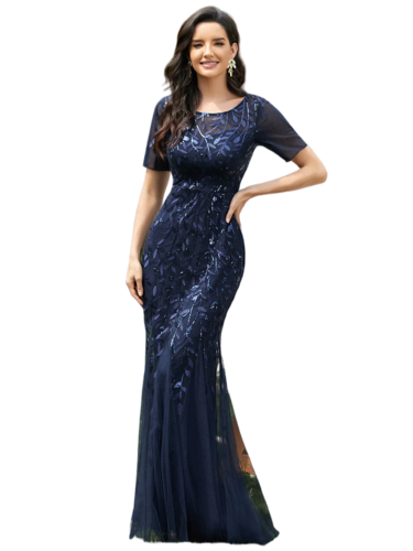 Vestido Elegante de Fiesta Largo Azul Marino para Mujer con Lentejuela Sirena Manga Corta T Ch a Talla Extra