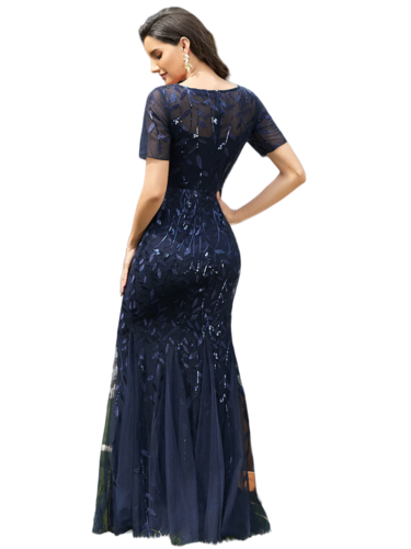 Vestido Elegante de Fiesta Largo Azul Marino para Mujer con Lentejuela Sirena Manga Corta T Ch a Talla Extra