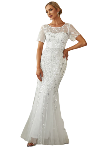Vestido Elegante de Fiesta Largo Blanco Novia para Mujer Boda con Lentejuela Sirena Manga Corta T Ch a Talla Extra