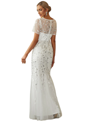 Vestido Elegante de Fiesta Largo Blanco Novia para Mujer Boda con Lentejuela Sirena Manga Corta T Ch a Talla Extra