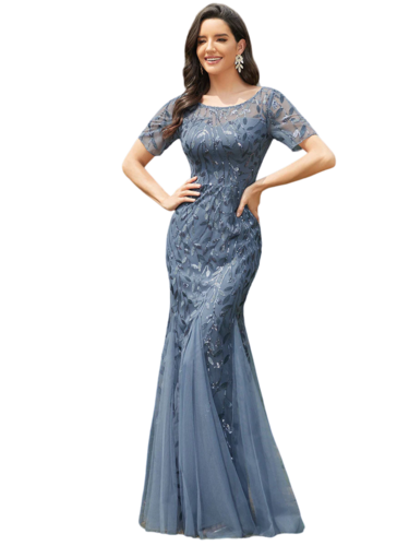 Vestido Elegante de Fiesta Largo Azul Acero para Mujer con Lentejuela Sirena Manga Corta T Ch a Talla Extra
