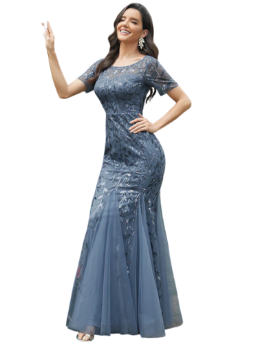 Vestido Elegante de Fiesta Largo Azul Acero para Mujer con Lentejuela Sirena Manga Corta T Ch a Talla Extra